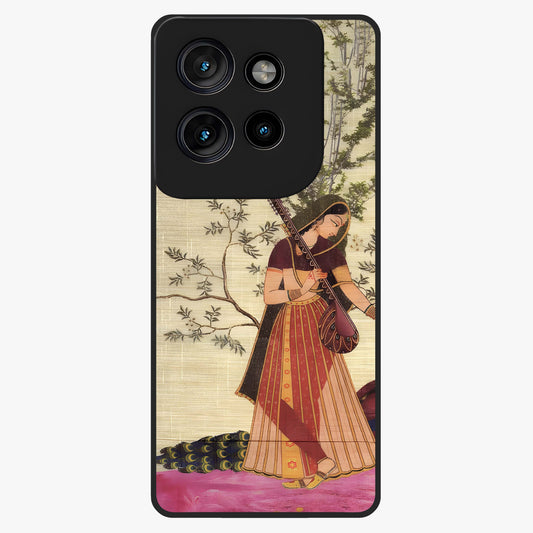 Lady With Veena Art Glass Case showing flat back view with elegant woman playing veena artwork and glossy glass finish.