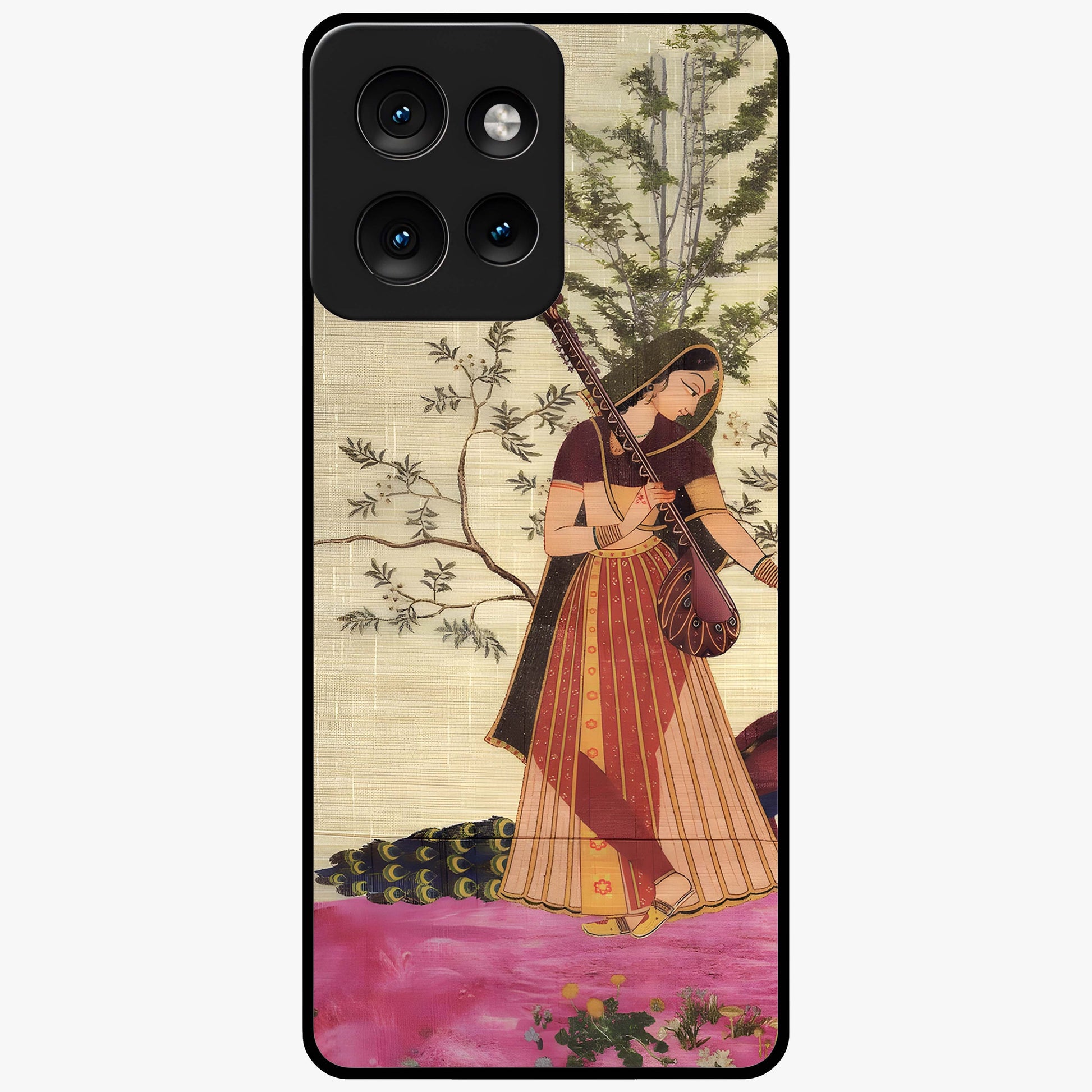 Lady With Veena Art Glass Case showing flat back view with elegant woman playing veena artwork and glossy glass finish.
