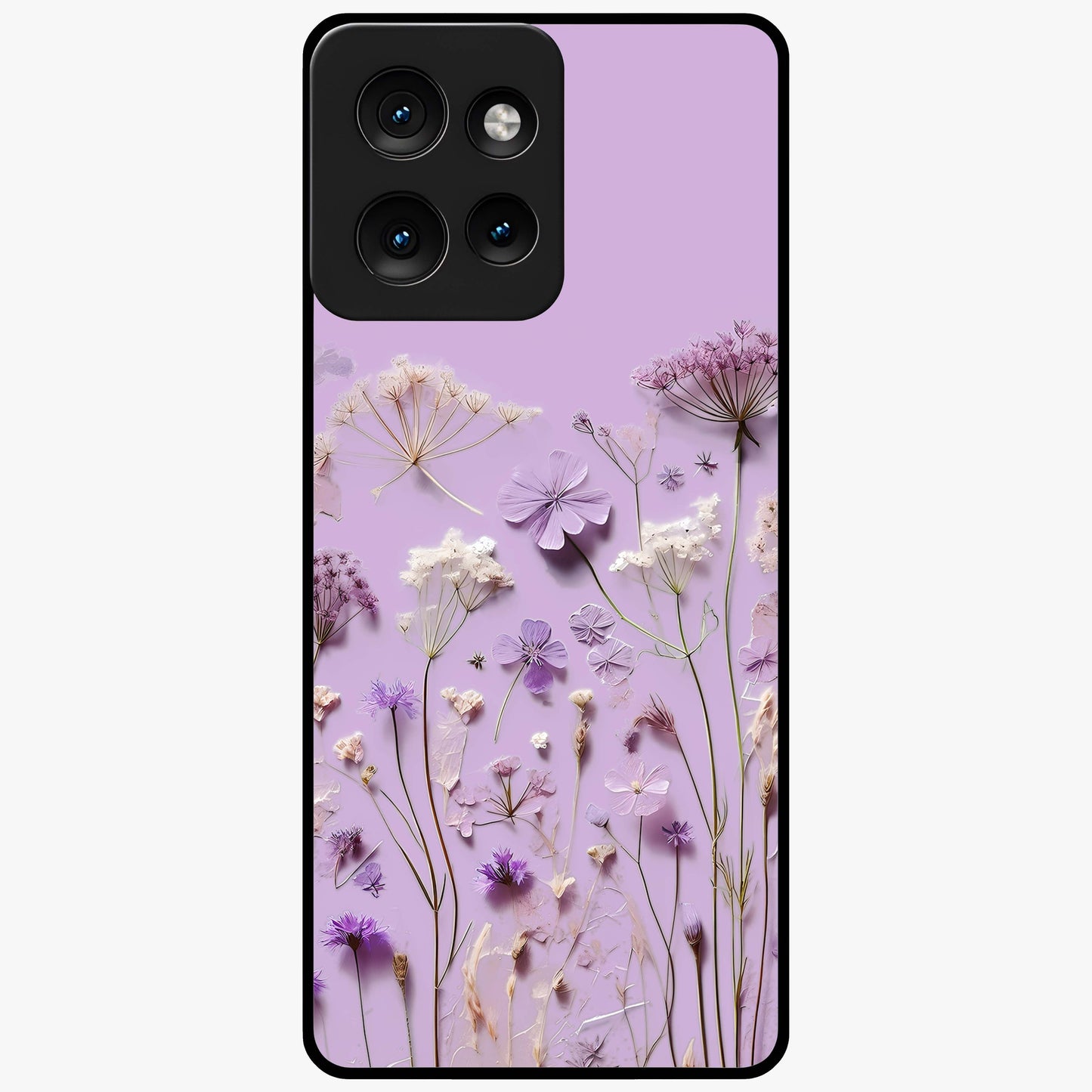 Lavender Blossom Dream Glass Case showing flat back view with soft lavender floral artwork and glossy glass finish.