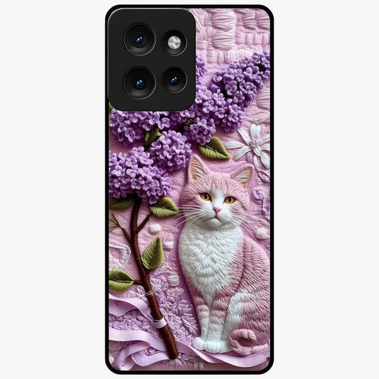 Lavender Cat Whimsy Glass Case showing flat back view with cute lavender cat artwork and glossy glass finish.