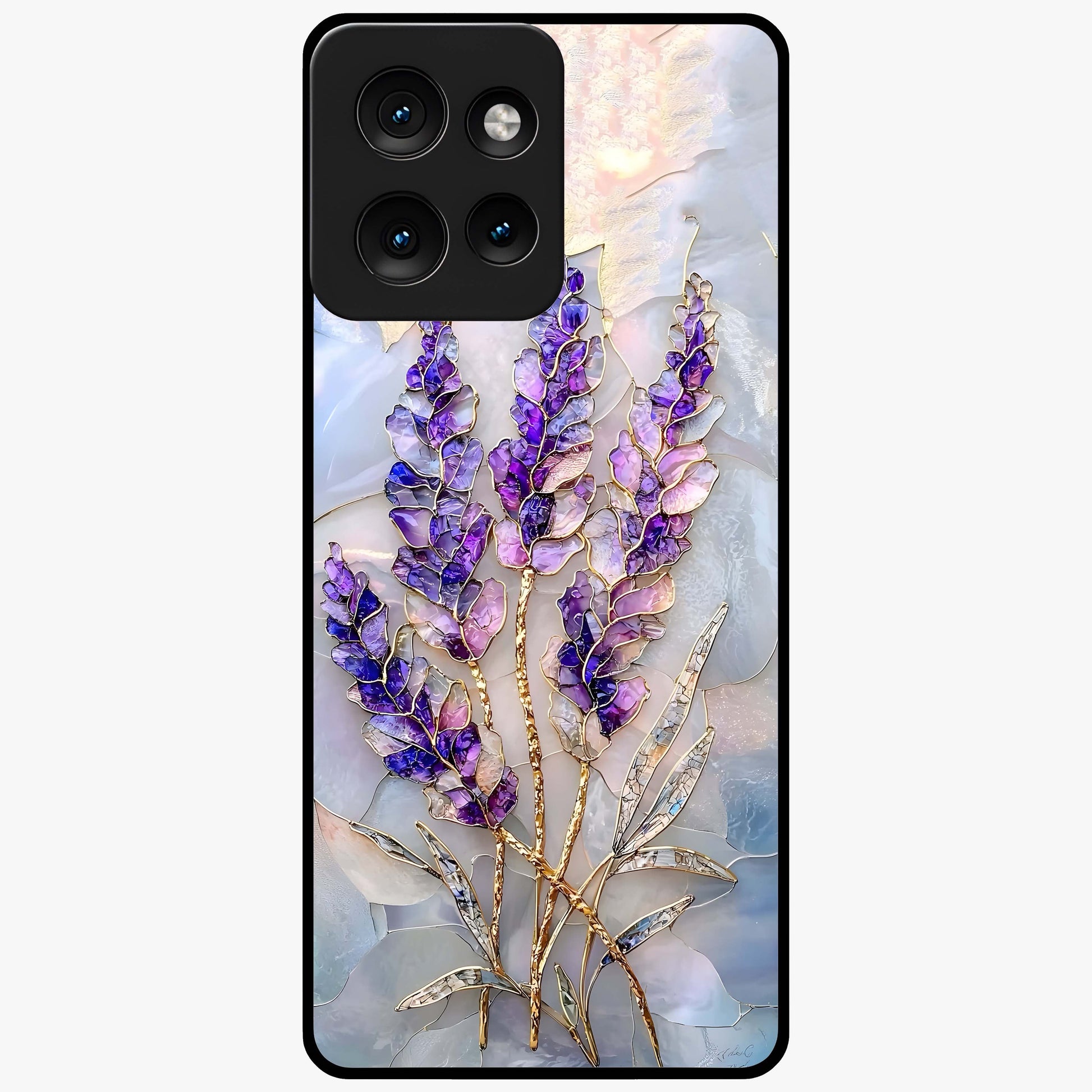 Lavender Dream Glow Glass Case showing flat back view with glowing lavender aesthetic artwork and glossy glass finish.