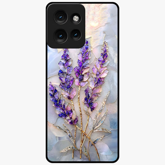 Lavender Dream Glow Glass Case showing flat back view with glowing lavender aesthetic artwork and glossy glass finish.