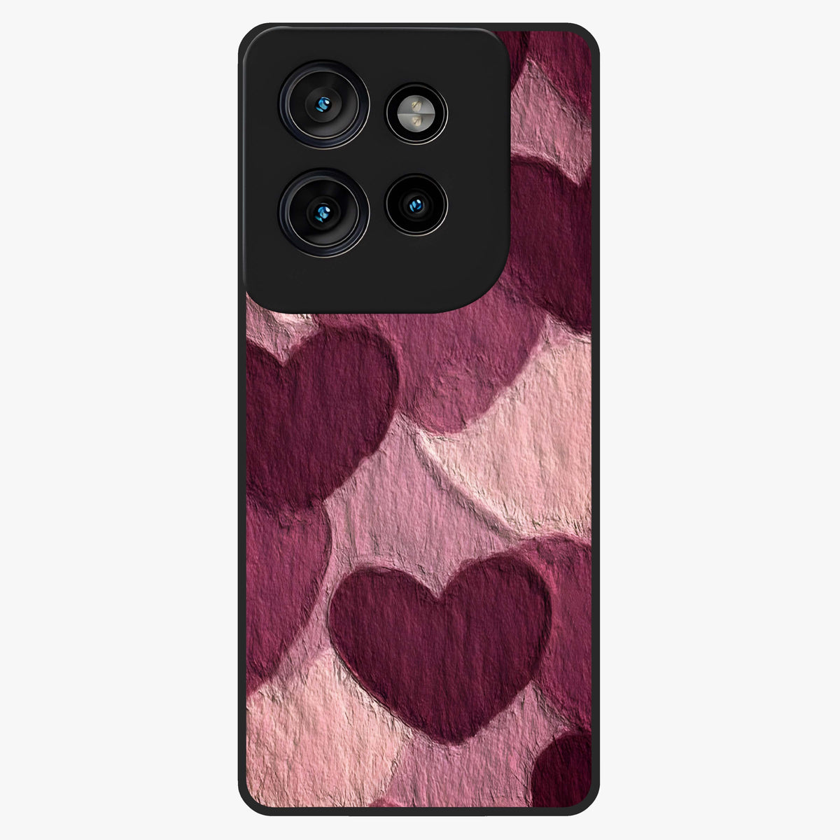 Layered Paper Hearts Glass Case showing flat back view with layered paper heart artwork and glossy glass finish.