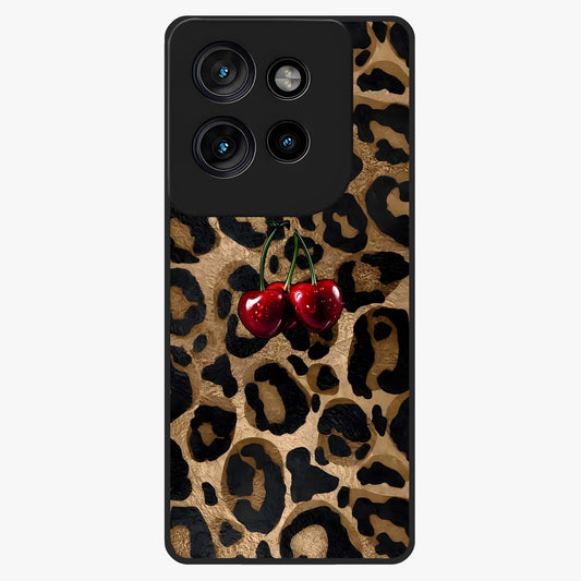 Leopard Wild Cherry Glass Case showing flat back view with leopard pattern and cherry artwork and glossy glass finish.