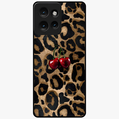 Leopard Wild Cherry Glass Case showing flat back view with leopard pattern and cherry artwork and glossy glass finish.