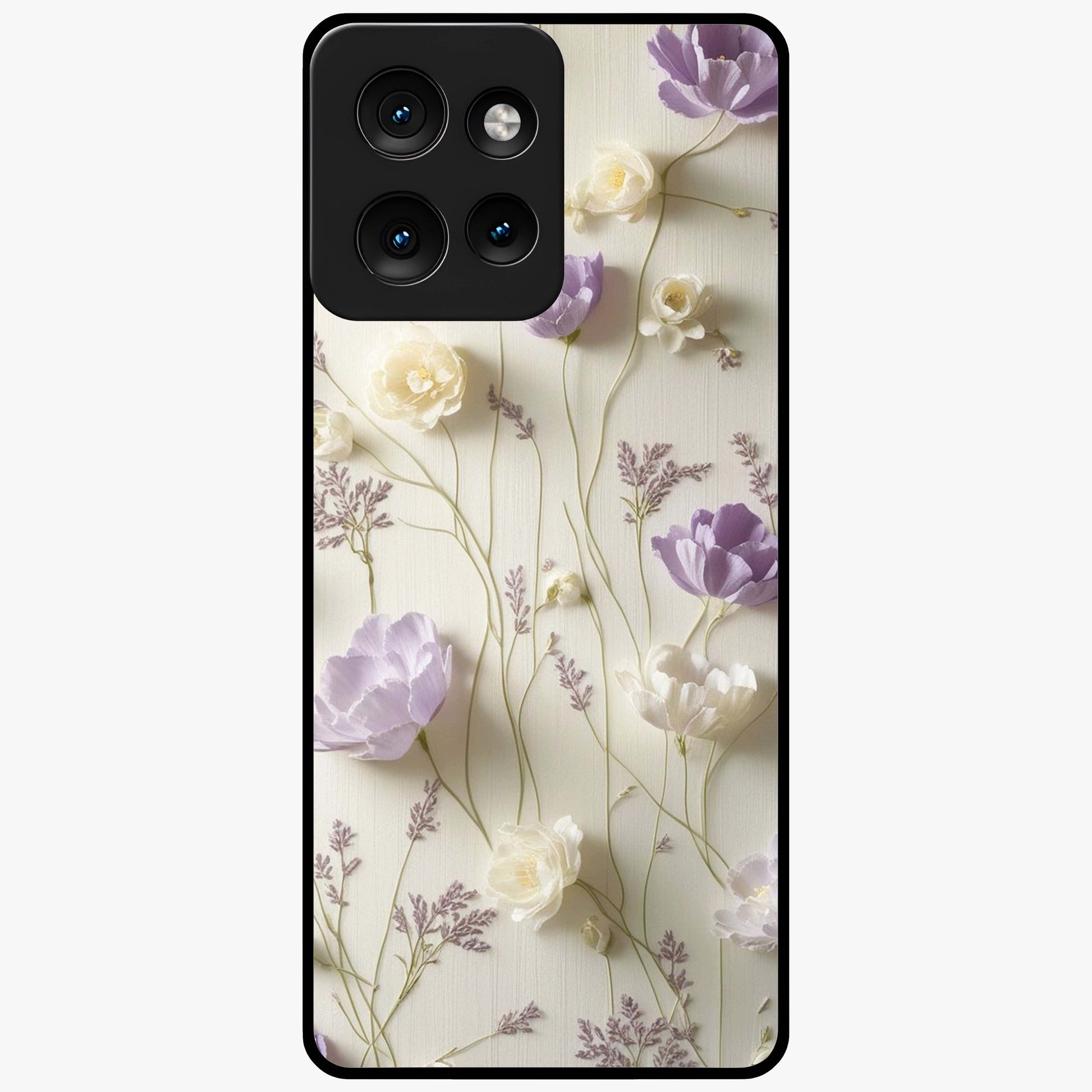Lilac Breeze Harmony Glass Case showing flat back view with soft lilac themed artwork and glossy glass finish.