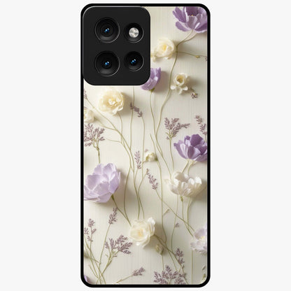 Lilac Breeze Harmony Glass Case showing flat back view with soft lilac themed artwork and glossy glass finish.