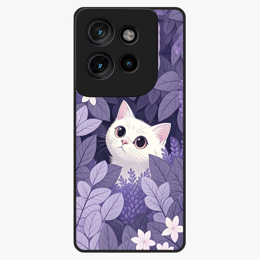 Lilac Hide Peek Cat Glass Case showing flat back view with cute peeking cat artwork and glossy glass finish.