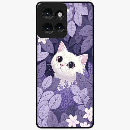 Lilac Hide Peek Cat Glass Case showing flat back view with cute peeking cat artwork and glossy glass finish.