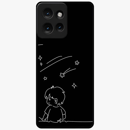 Line Art Boy With Shooting Stars Glass Case showing flat back view with minimal line art boy and shooting stars illustration and glossy glass finish.