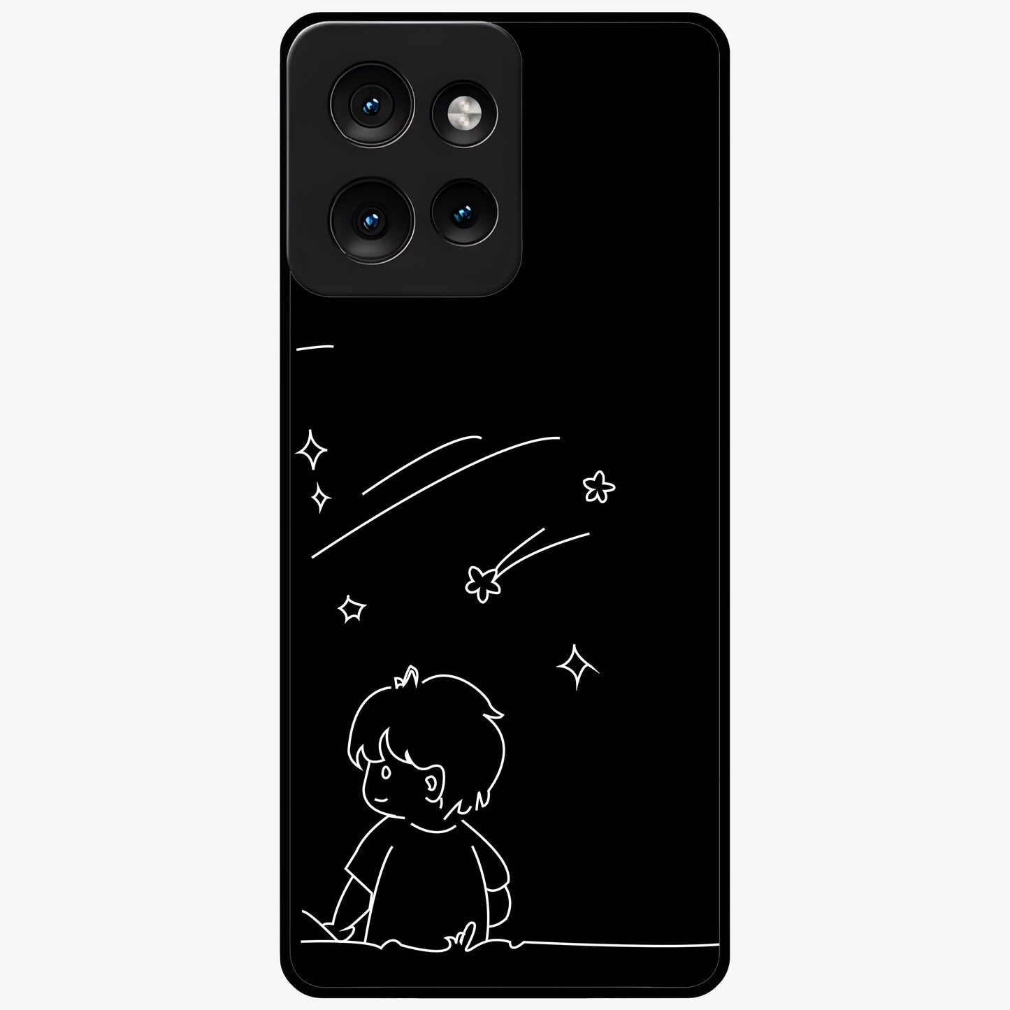 Line Art Boy With Shooting Stars Glass Case showing flat back view with minimal line art boy and shooting stars illustration and glossy glass finish.