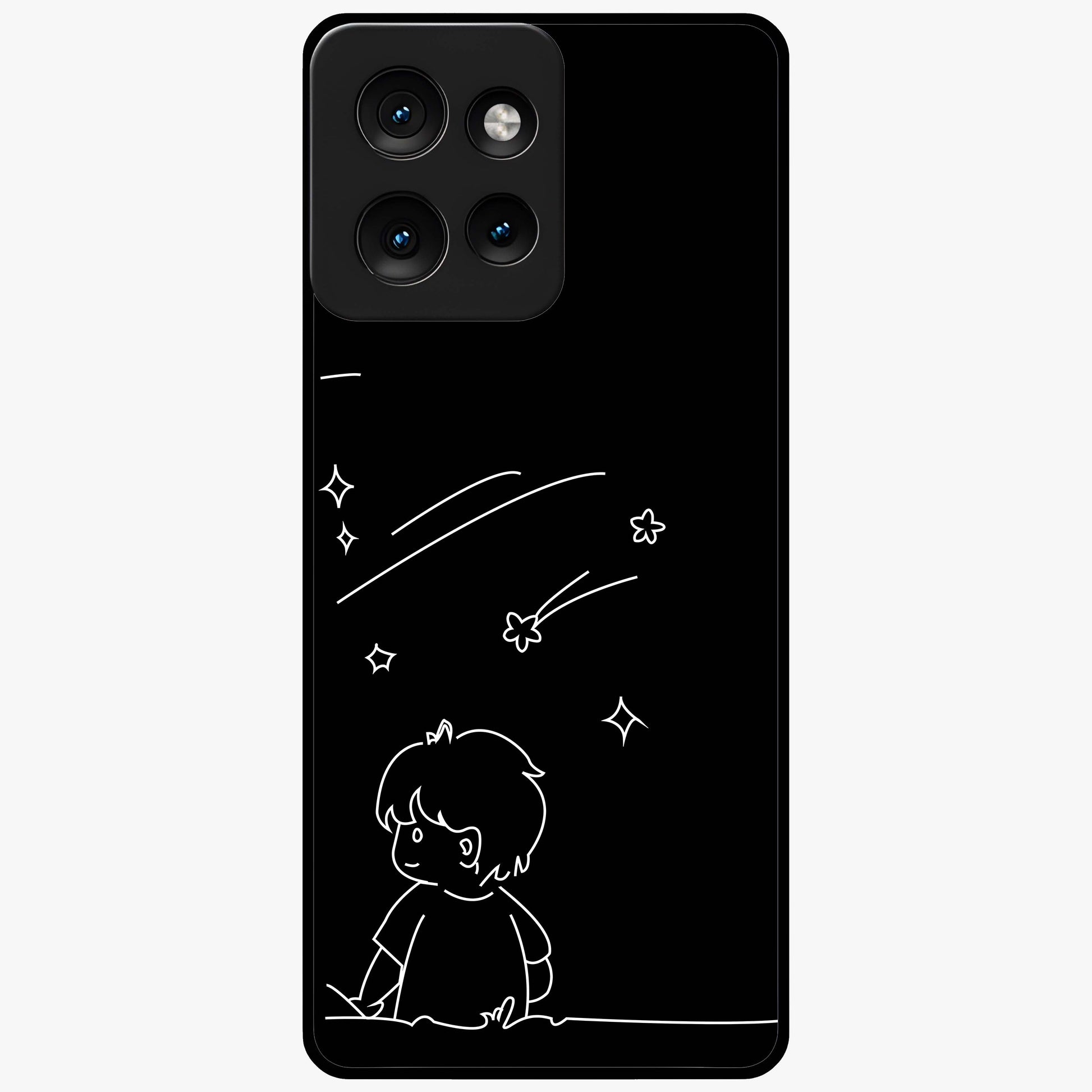 Line Art Boy With Shooting Stars Glass Case showing flat back view with minimal line art boy and shooting stars illustration and glossy glass finish.