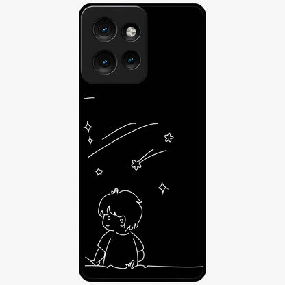 Line Art Boy With Shooting Stars Glass Case showing flat back view with minimal line art boy and shooting stars illustration and glossy glass finish.