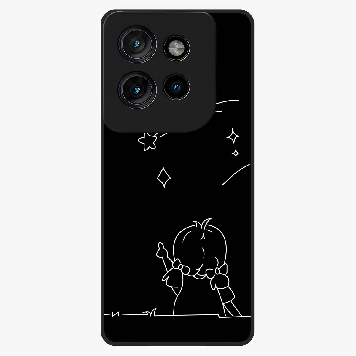 Line Art Girl With Shooting Stars Glass Case showing flat back view with minimal line art girl and shooting stars illustration and glossy glass finish.