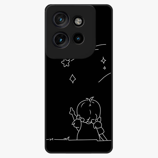 Line Art Girl With Shooting Stars Glass Case showing flat back view with minimal line art girl and shooting stars illustration and glossy glass finish.
