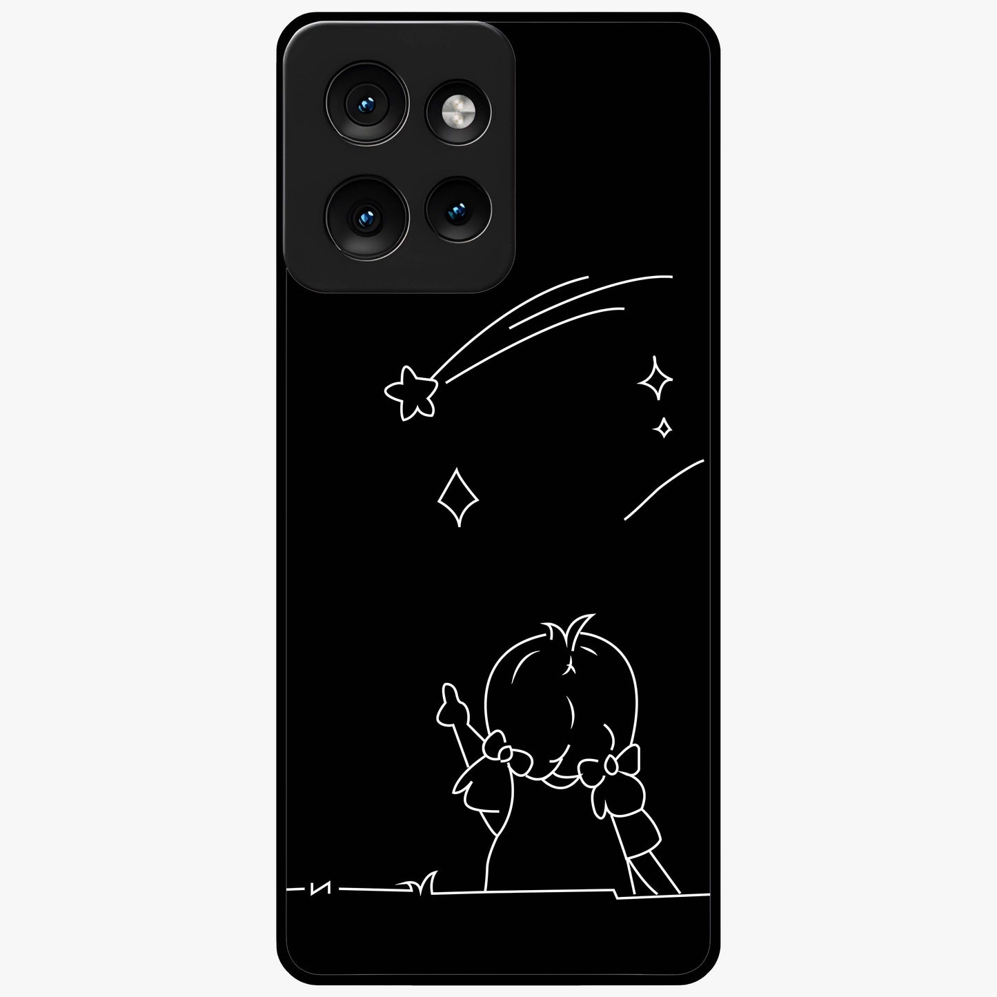 Line Art Girl With Shooting Stars Glass Case showing flat back view with minimal line art girl and shooting stars illustration and glossy glass finish.