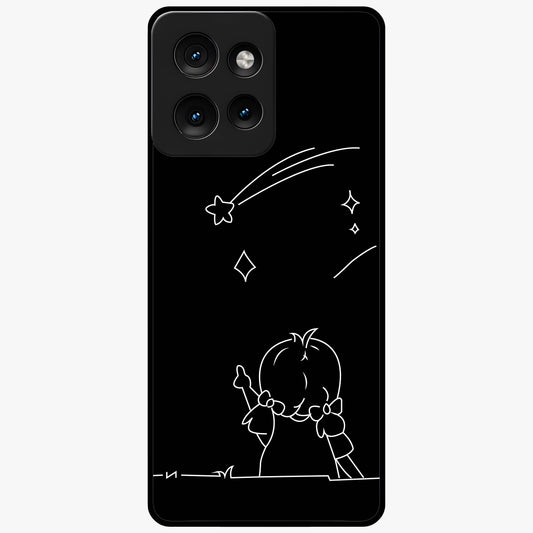 Line Art Girl With Shooting Stars Glass Case showing flat back view with minimal line art girl and shooting stars illustration and glossy glass finish.