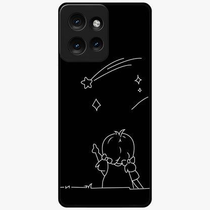 Line Art Girl With Shooting Stars Glass Case showing flat back view with minimal line art girl and shooting stars illustration and glossy glass finish.