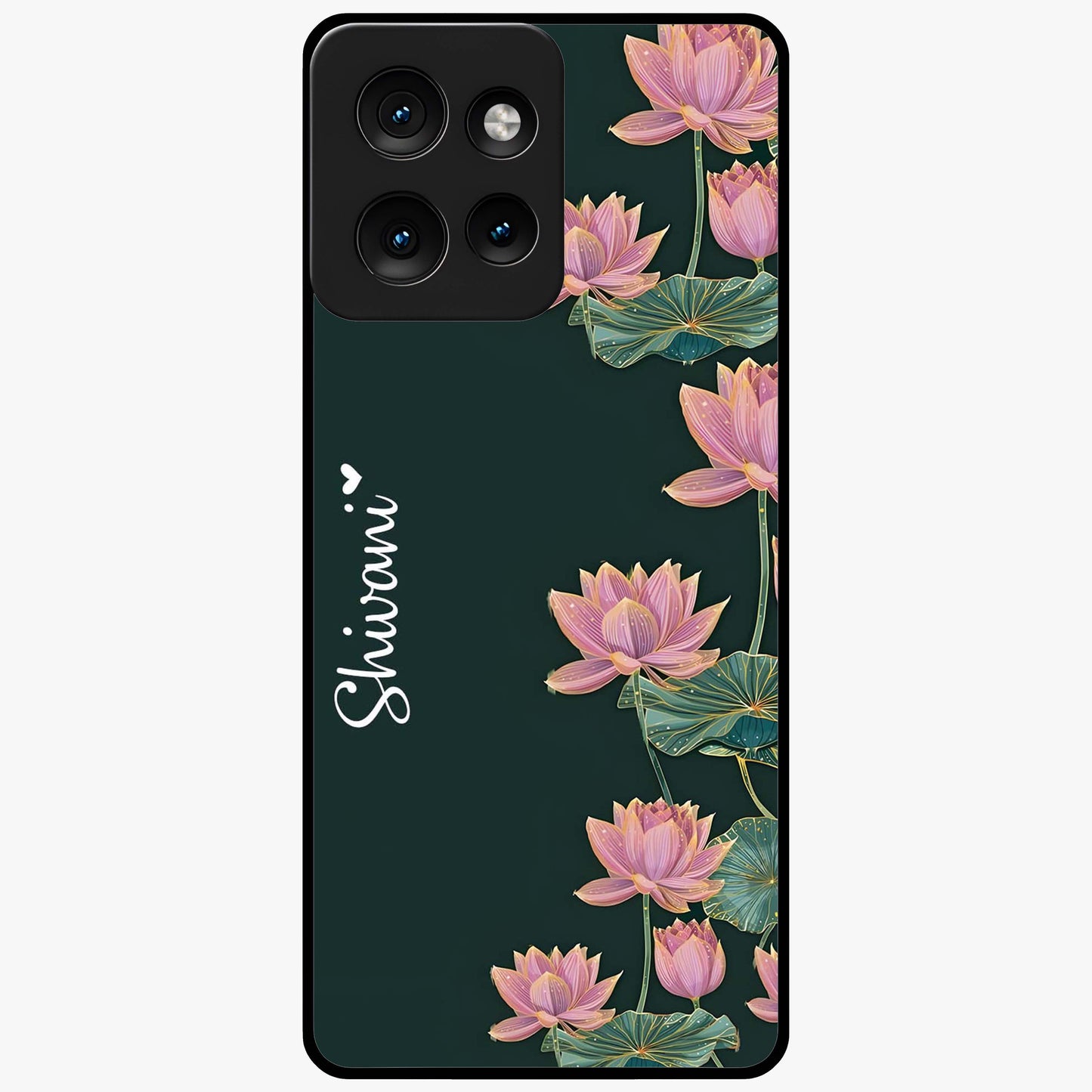 Lotus Bloom Serenity Custom Name Glass Case showing flat back view with elegant lotus flower artwork and personalized name design.