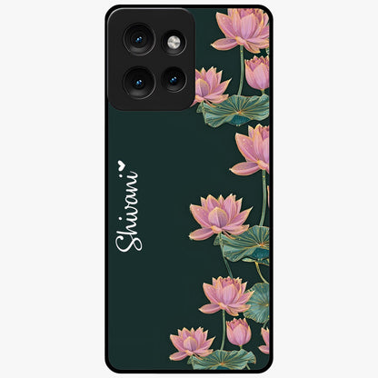 Lotus Bloom Serenity Custom Name Glass Case showing flat back view with elegant lotus flower artwork and personalized name design.