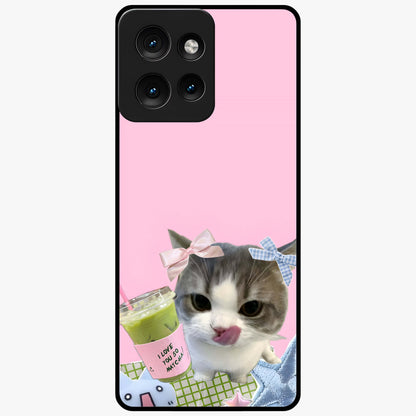 Love Matcha Cat Glass Case showing flat back view with cute cat and matcha themed artwork and glossy glass finish.