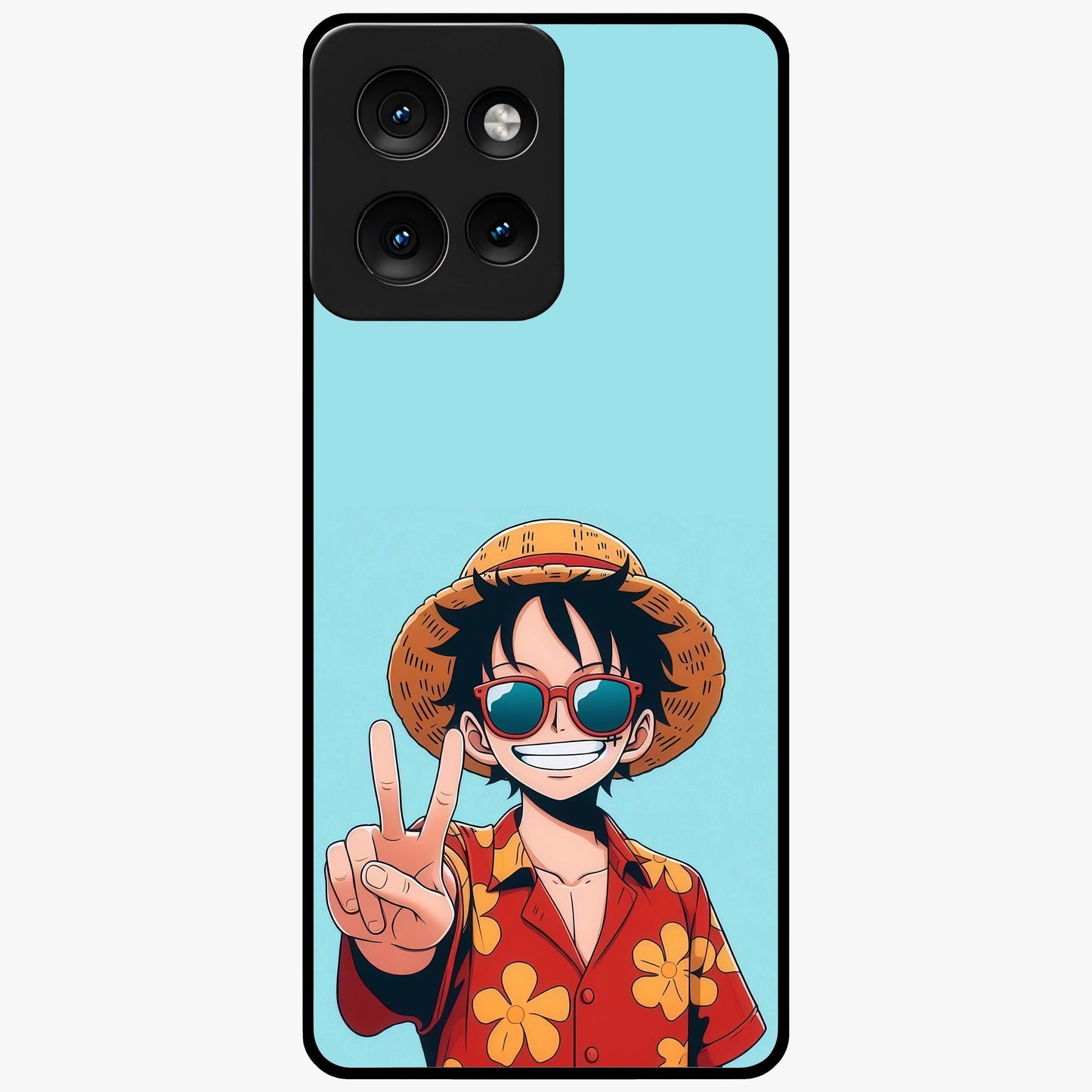 Luffy Summer Anime Vibe Glass Case showing flat back view with vibrant anime character artwork and glossy glass finish.
