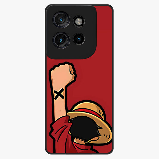 Luffy X Spirit Glass Case showing flat back view with bold anime character artwork and glossy glass finish.