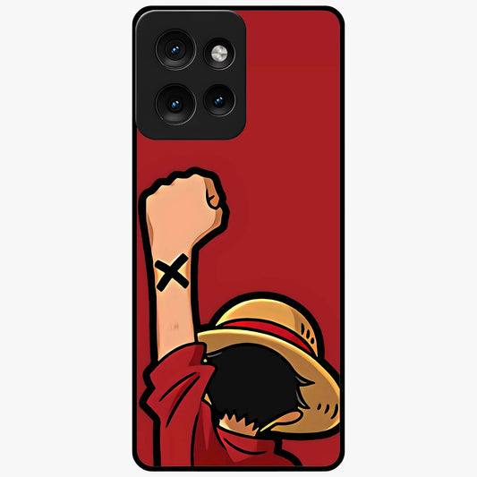 Luffy X Spirit Glass Case showing flat back view with bold anime character artwork and glossy glass finish.