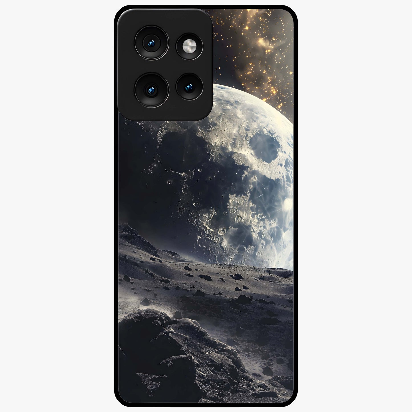 Lunar Horizon Glow Glass Case showing flat back view with glowing moon horizon artwork and glossy glass finish.