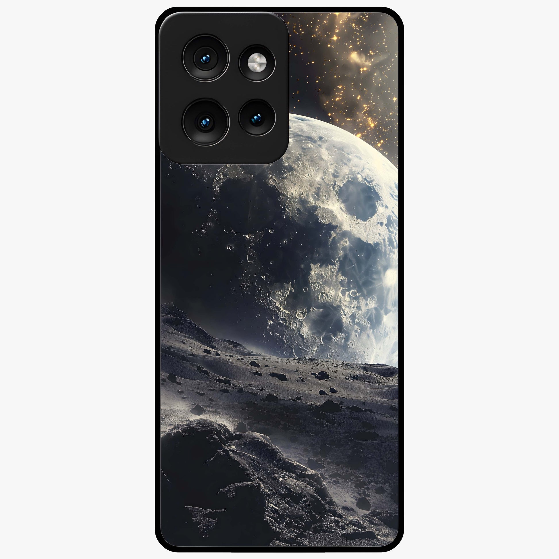 Lunar Horizon Glow Glass Case showing flat back view with glowing moon horizon artwork and glossy glass finish.