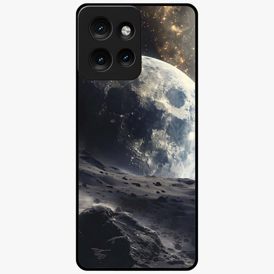 Lunar Horizon Glow Glass Case showing flat back view with glowing moon horizon artwork and glossy glass finish.