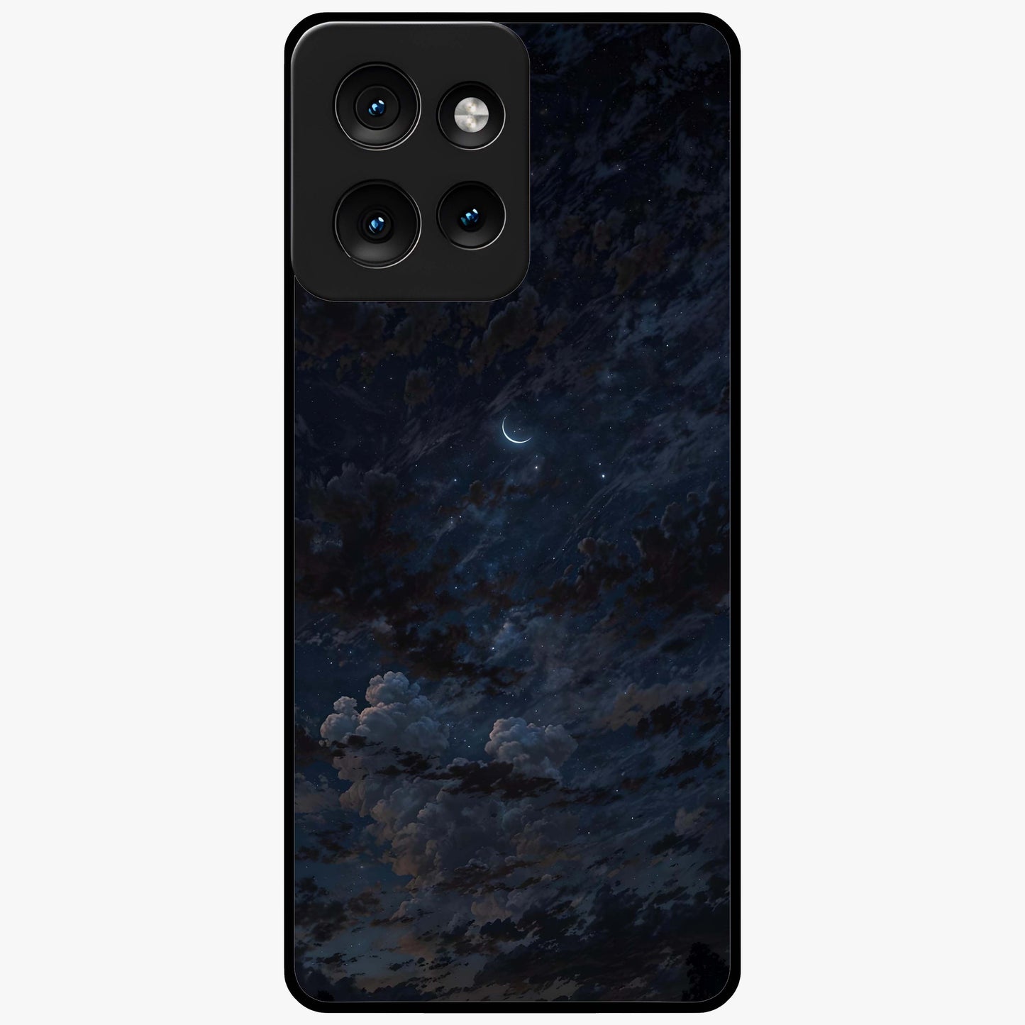 Lunar Veil Silence Glass Case showing flat back view with mystical moon veil artwork and glossy glass finish.