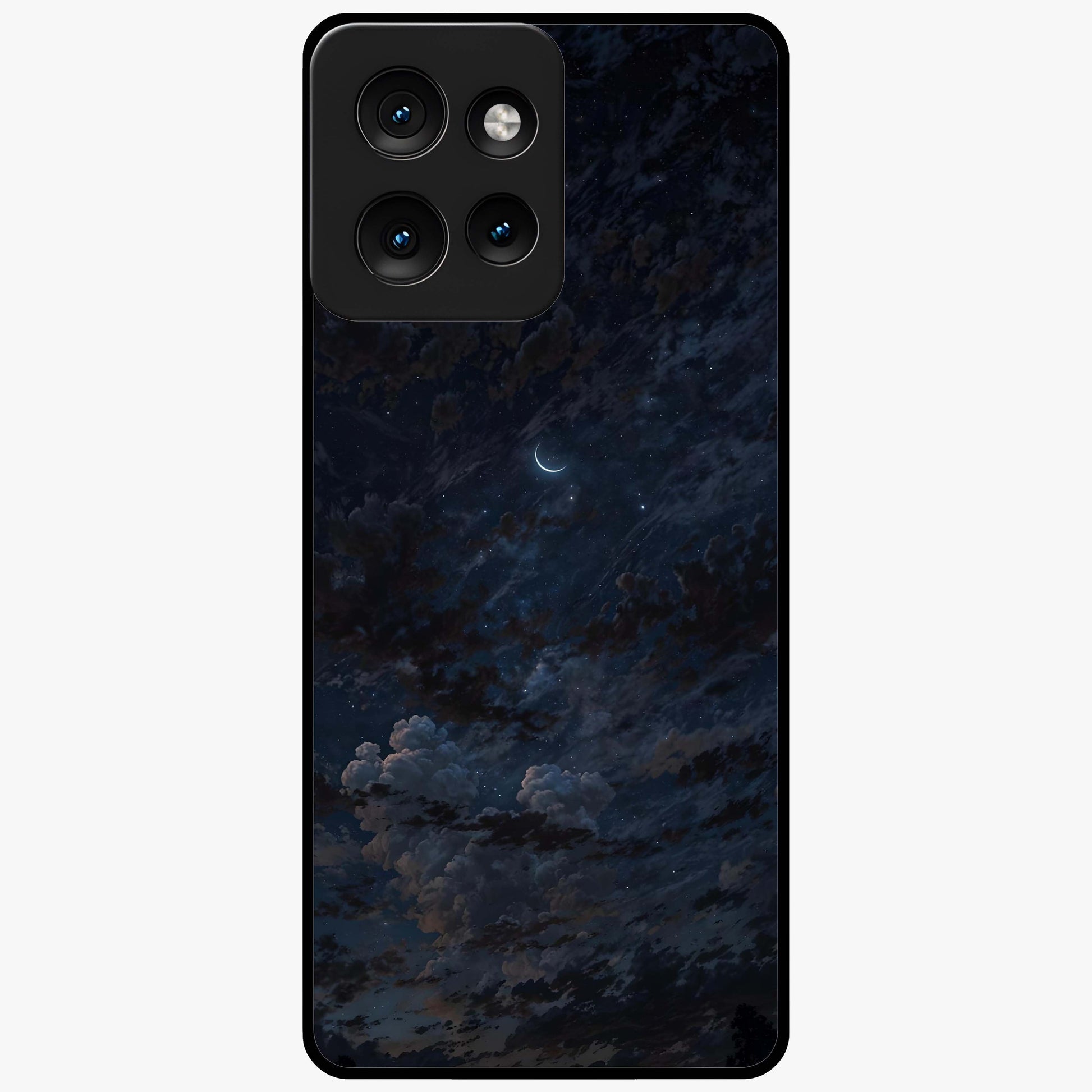 Lunar Veil Silence Glass Case showing flat back view with mystical moon veil artwork and glossy glass finish.