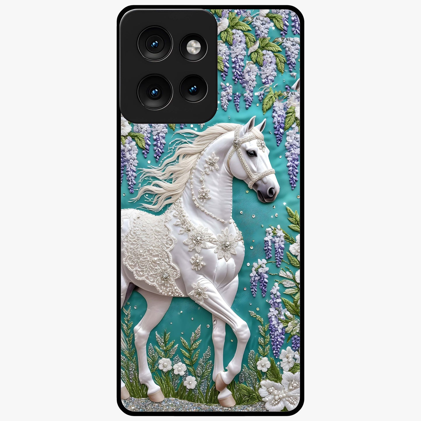 Majestic Floral Stallion Glass Case showing flat back view with powerful horse and floral artwork and glossy glass finish.