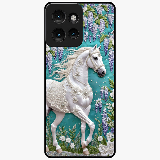 Majestic Floral Stallion Glass Case showing flat back view with powerful horse and floral artwork and glossy glass finish.