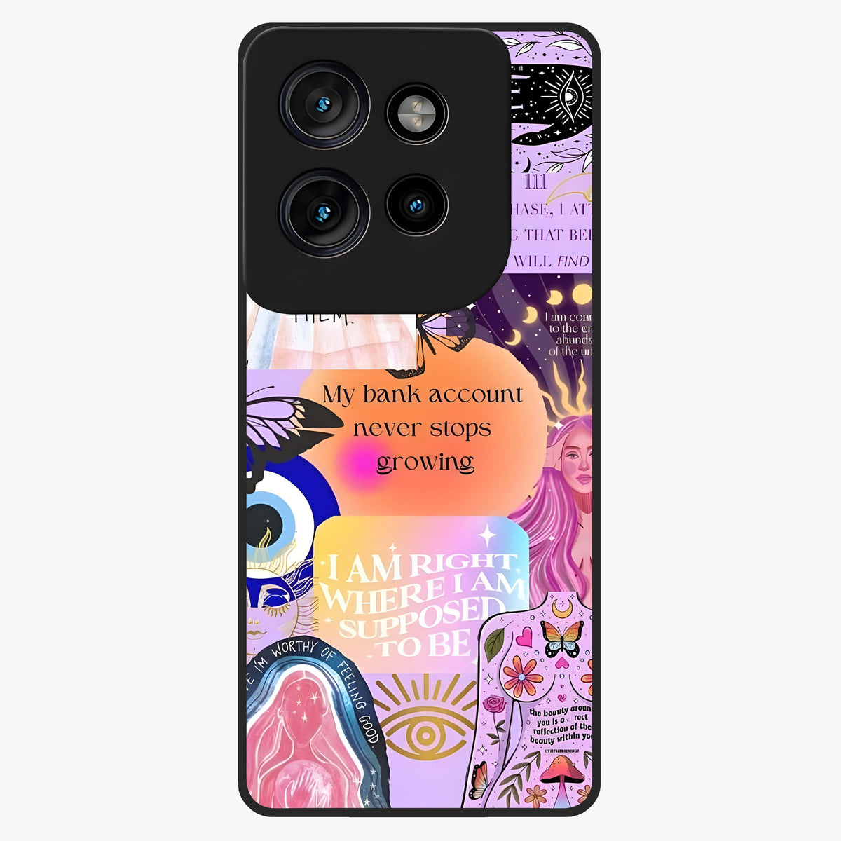 Manifestation Collage Glass Case showing flat back view with motivational collage artwork and glossy glass finish.