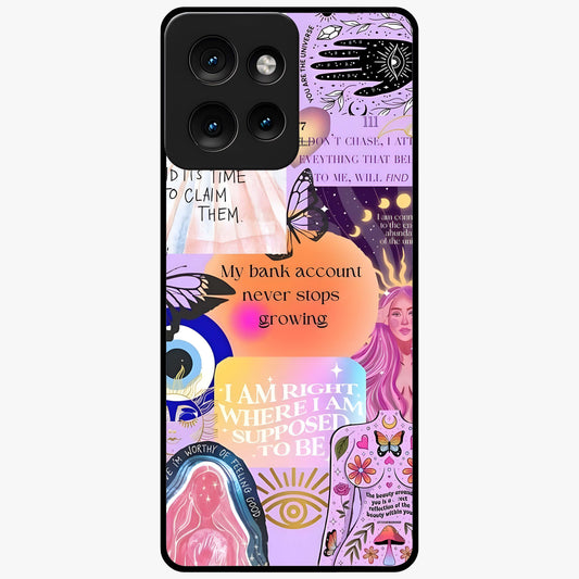 Manifestation Collage Glass Case showing flat back view with motivational collage artwork and glossy glass finish.