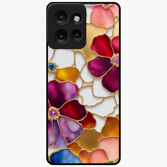 Marble Flower Pattern Glass Case showing flat back view with marble texture floral artwork and glossy glass finish.