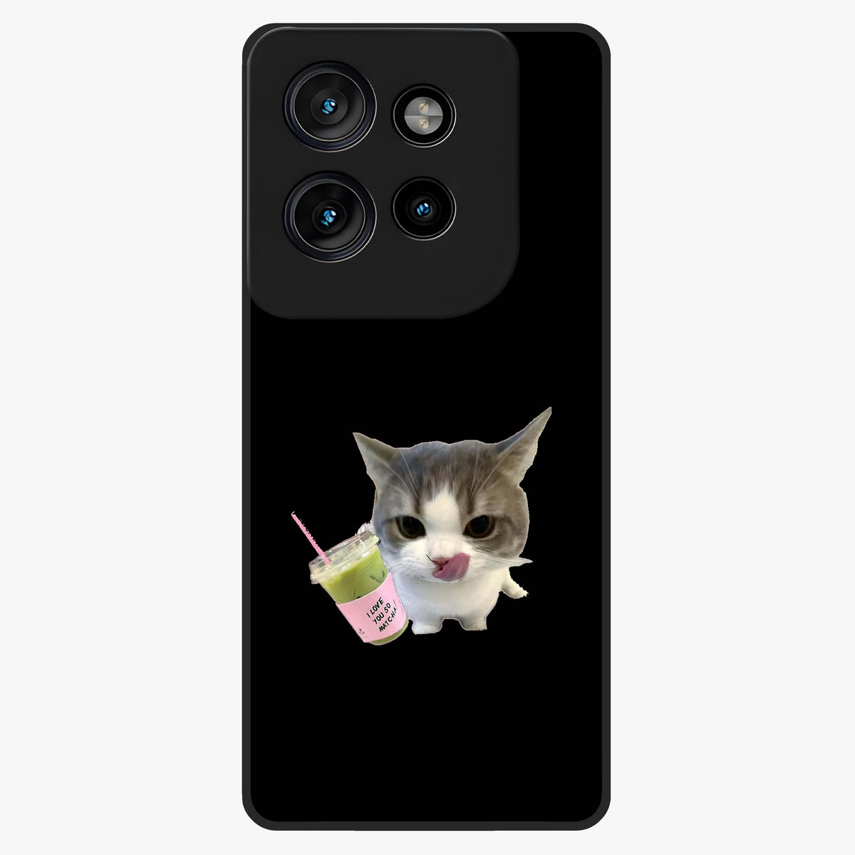 Matcha Cat Style Glass Case showing flat back view with cute matcha themed cat artwork and glossy glass finish.