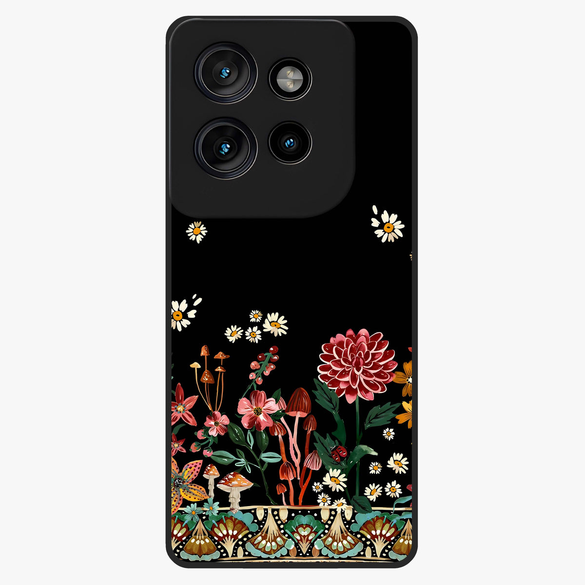 Midnight Bloom Pattern Glass Case showing flat back view with dark floral pattern artwork and glossy glass finish.