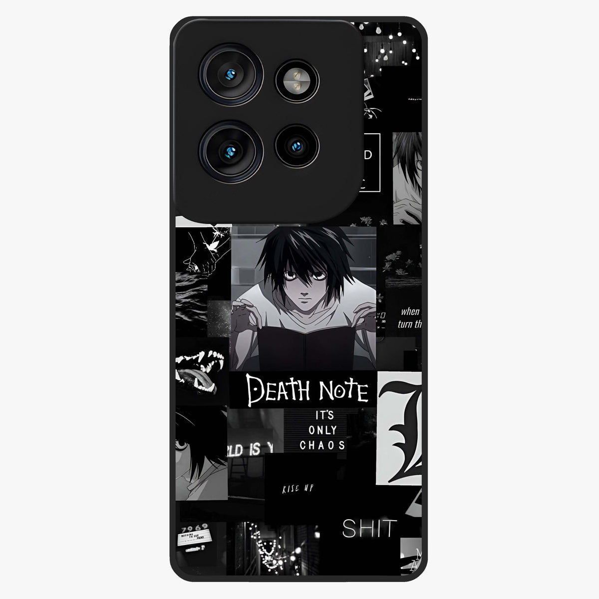 Midnight Chaos Mind Glass Case showing flat back view with abstract dark themed artwork and glossy glass finish.