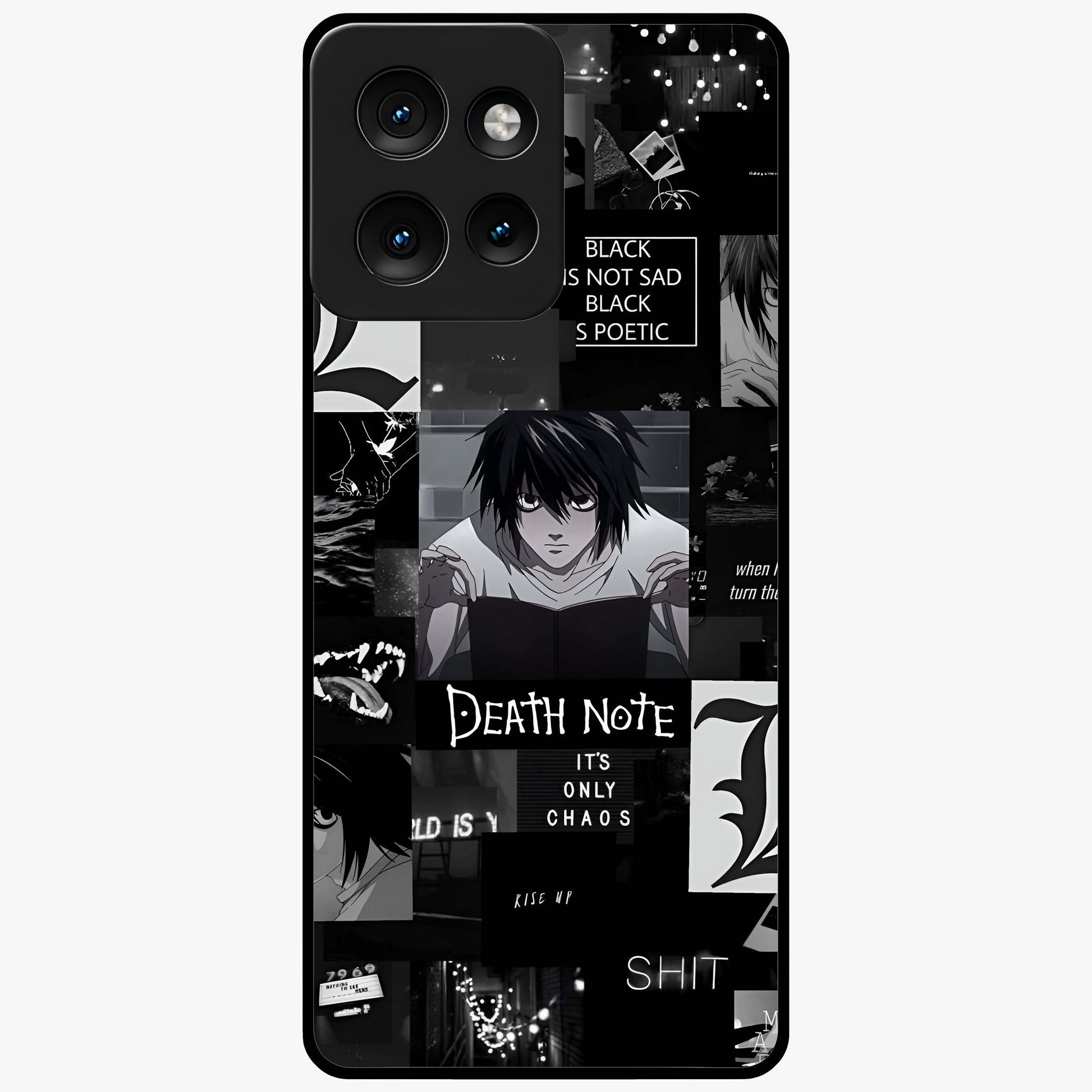 Midnight Chaos Mind Glass Case showing flat back view with abstract dark themed artwork and glossy glass finish.