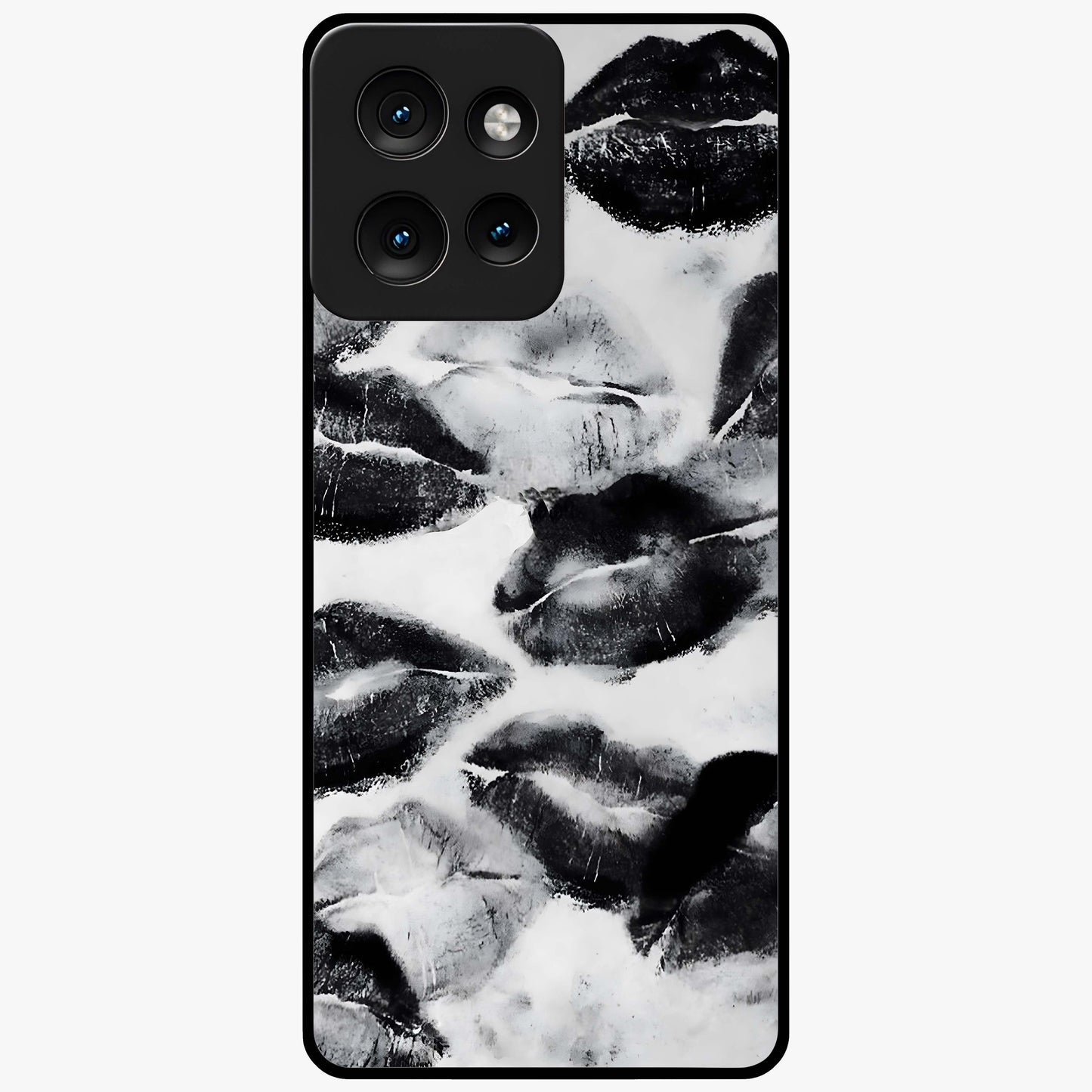 Midnight Kiss Marks Glass Case showing flat back view with lipstick kiss mark artwork and glossy glass finish.