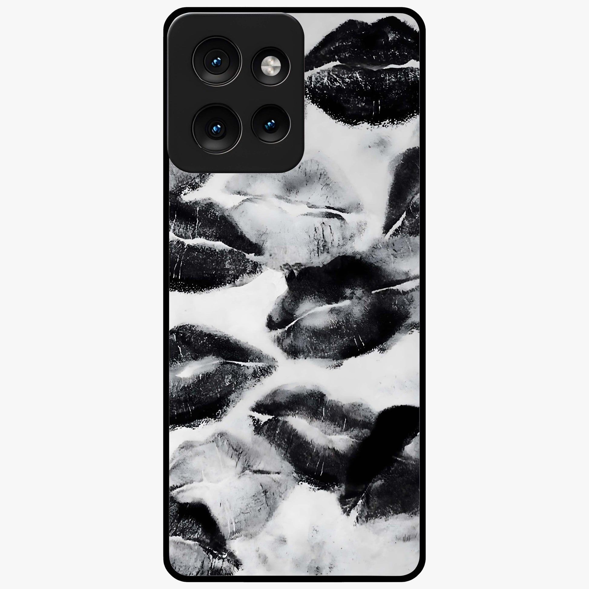 Midnight Kiss Marks Glass Case showing flat back view with lipstick kiss mark artwork and glossy glass finish.
