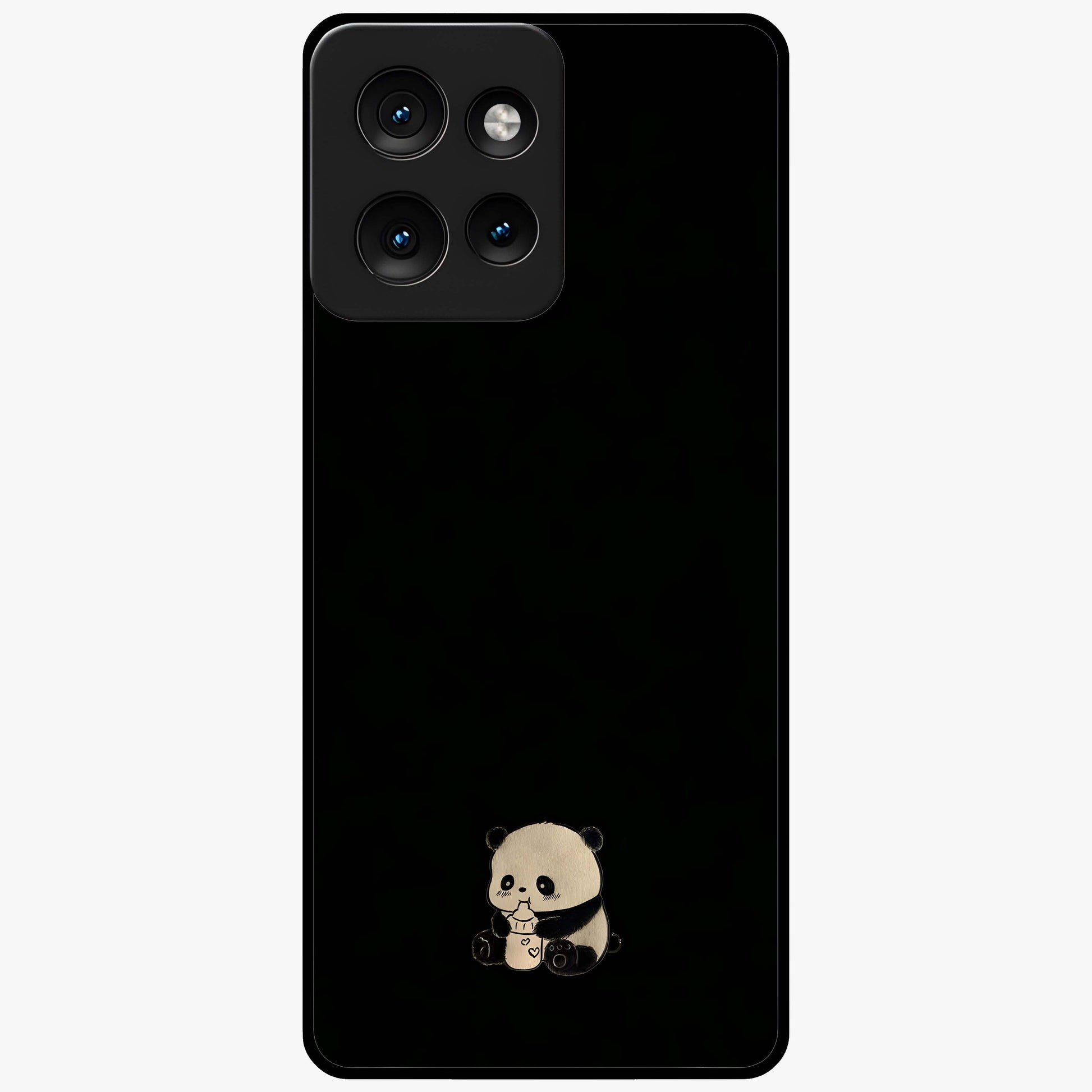 Midnight Panda Love Glass Case showing flat back view with cute panda themed artwork and glossy glass finish.