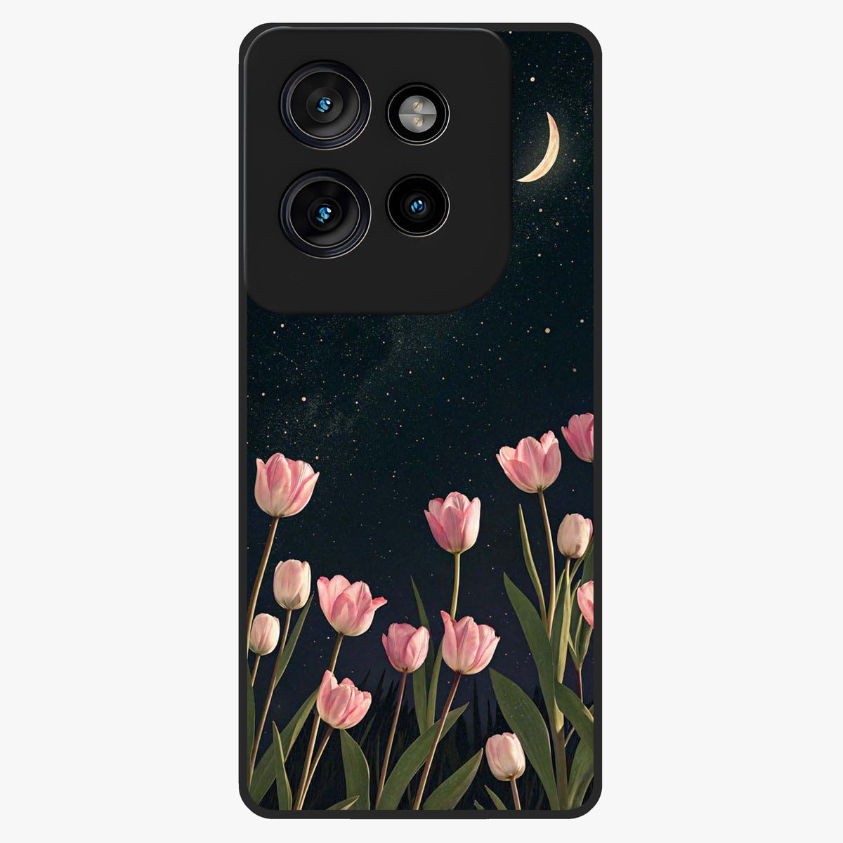 Midnight Tulip Whispers Vibe Glass Case showing flat back view with elegant tulip flower artwork and glossy glass finish.