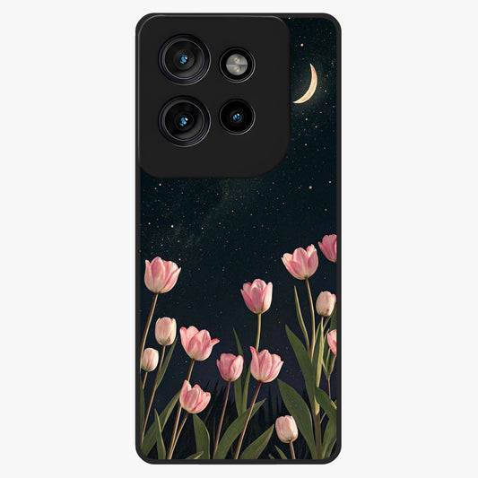 Midnight Tulip Whispers Vibe Glass Case showing flat back view with elegant tulip flower artwork and glossy glass finish.