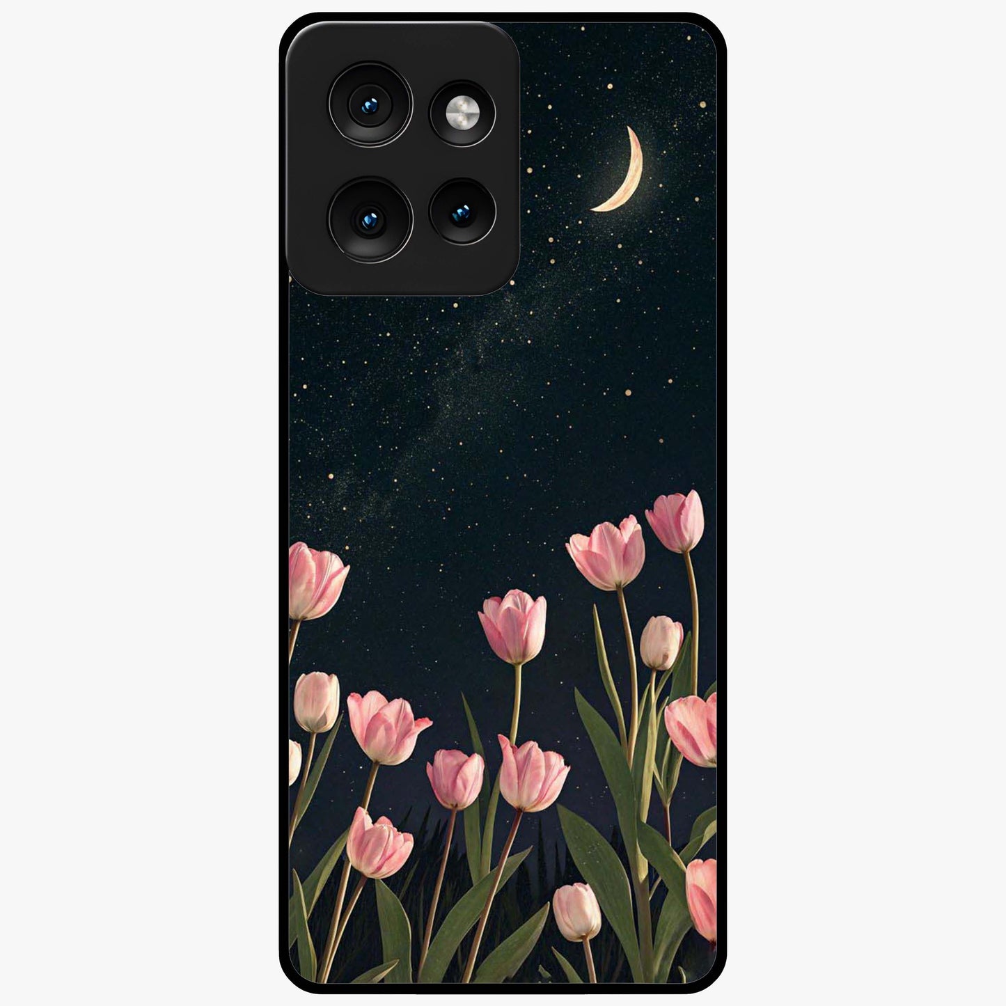 Midnight Tulip Whispers Vibe Glass Case showing flat back view with elegant tulip flower artwork and glossy glass finish.