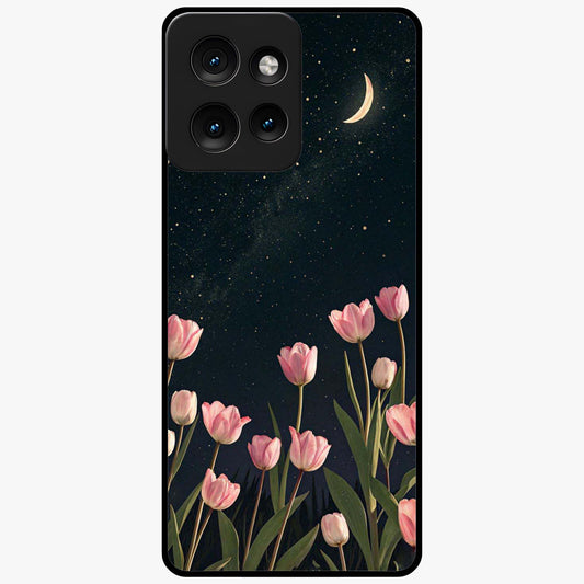 Midnight Tulip Whispers Vibe Glass Case showing flat back view with elegant tulip flower artwork and glossy glass finish.