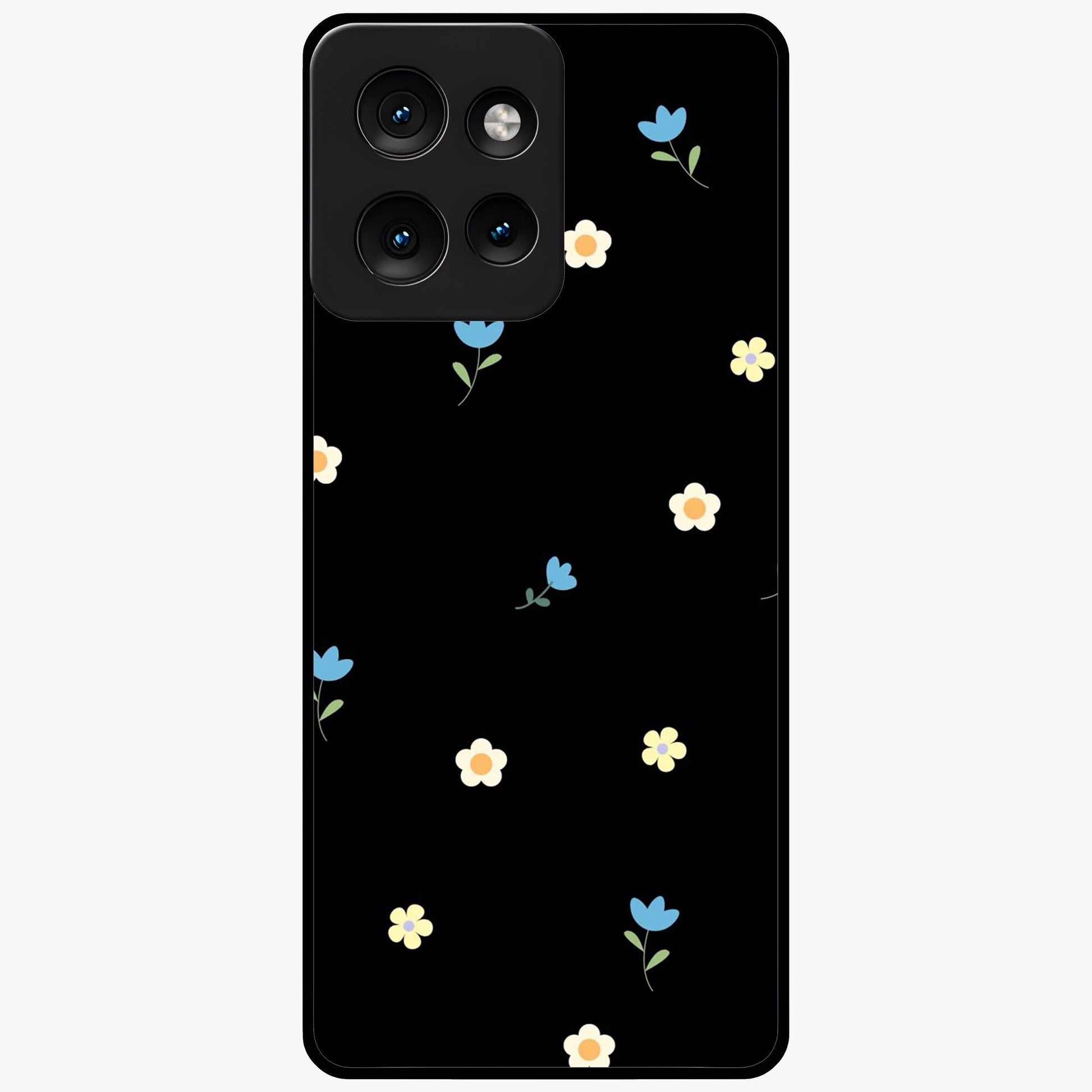 Minimalistic Blue With White Flower Pattern Glass Case showing flat back view with blue background and white flower pattern and glossy glass finish.